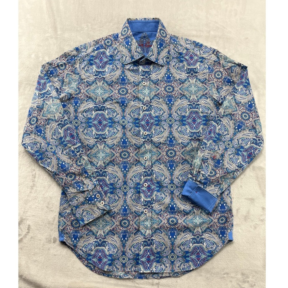 Robert Graham Shirt Men Small Blue Paisley All Over Embroidered Flip Cuffs Disco